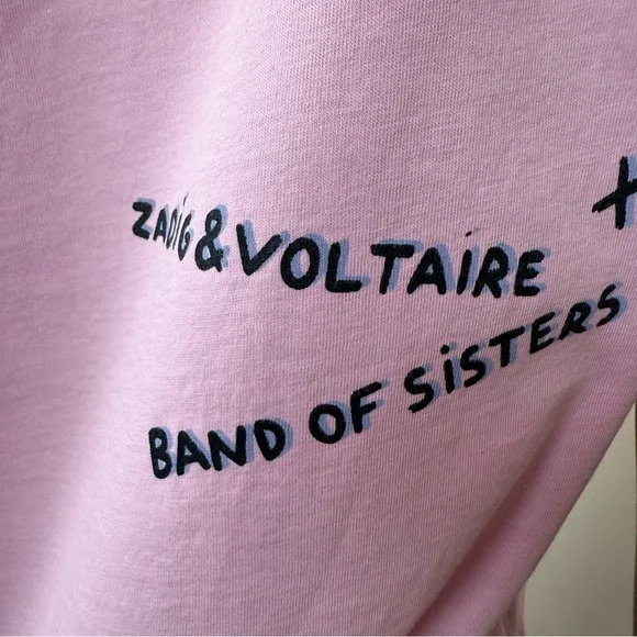 Zadig Voltaire XS Band of Sisters Rhinestone Pink Graphic Short Sleeve Boxy Tee - Picture 7 of 9